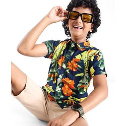 Pine Kids Viscose Woven Half Sleeves Shirt Floral Print - Navy Blue