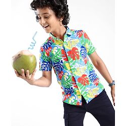 Pine Kids Cotton Knit Half Sleeves Shirt Leaf Print - Multicolor