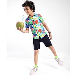 Pine Kids Cotton Knit Half Sleeves Shirt Leaf Print - Multicolor