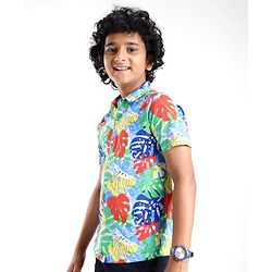 Pine Kids Cotton Knit Half Sleeves Shirt Leaf Print - Multicolor