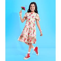 Pine Kids Cotton Woven Half Sleeve Frock with Floral Print - Multicolor