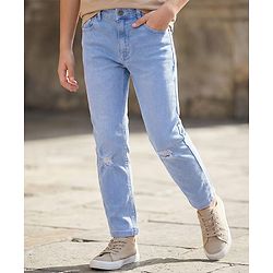 Pine Kids Cotton Rich Full Length Stretchable Denim Ripped and Washed - Ice Blue