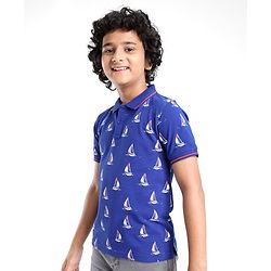 Pine Kids Cotton Knit Half Sleeves Polo T-Shirts Boat Print- Limoges
