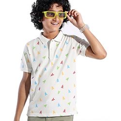 Pine Kids Cotton Blend Knit Half Sleeves Polo T-Shirt Logo Print - Snow White