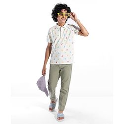 Pine Kids Cotton Blend Knit Half Sleeves Polo T-Shirt Logo Print - Snow White
