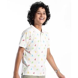 Pine Kids Cotton Blend Knit Half Sleeves Polo T-Shirt Logo Print - Snow White