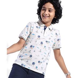 Pine Kids Knit Half Sleeves Printed T-Shirt with Beach  Print- Snow White
