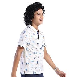 Pine Kids Knit Half Sleeves Printed T-Shirt with Beach  Print- Snow White