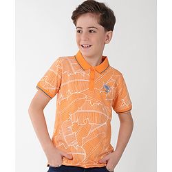 Pine Kids Cotton Knit Half Sleeves Polo T-Shirts Leaf Print - Blazing Orange