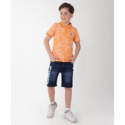 Pine Kids Cotton Knit Half Sleeves Polo T-Shirts Leaf Print - Blazing Orange