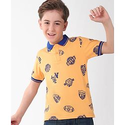 Pine Kids Cotton Knit Half Sleeves Polo T-Shirt Sports Theme Print - Orange