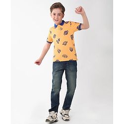 Pine Kids Cotton Knit Half Sleeves Polo T-Shirt Sports Theme Print - Orange