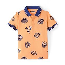 Pine Kids Cotton Knit Half Sleeves Polo T-Shirt Sports Theme Print - Orange