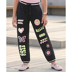 Pine Kids Cotton Terry Full Length Lounge Pant Good Vibes Printed - Jet Black
