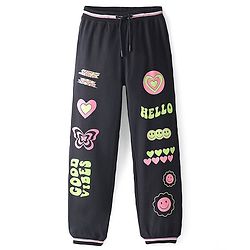 Pine Kids Cotton Terry Full Length Lounge Pant Good Vibes Printed - Jet Black
