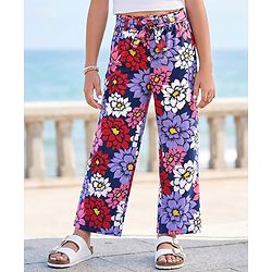 Pine Kids Terry Cotton Knit Full Length Lounge Pants with Floral Print- Acai
