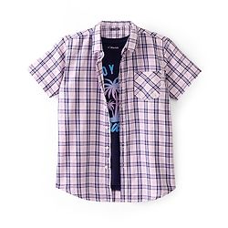 Pine Kids Cotton Woven Half Sleeves Twofer Checked Shirt With Beach Theme T-Shirt - Multicolour