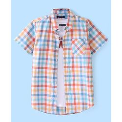 Pine Kids Cotton Woven Half Sleeves Twofer Checked Shirt With Text Print T-Shirt - Multicolour