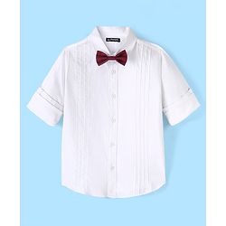 Pine Kids Cotton Woven Full Sleeves Party Shirt Solid Colour With Bow - White