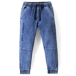 Pine Kids Cotton Rich Stretchable full length denim Joggers with Embroidery and Print - Blue