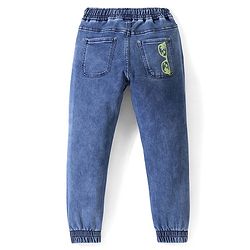 Pine Kids Cotton Rich Stretchable full length denim Joggers with Embroidery and Print - Blue