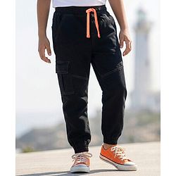 Pine Kids Cotton Rich Stretchable full length denim Joggers with Cargo Pockets - Black