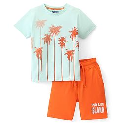 Pine Kids Single Jersey Knit Half Sleeves T-Shirt & Shorts Set Palm Tree Print  Blue & Orange