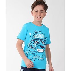 Pine Kids Cotton Knit Half Sleeves T-Shirt Lion Print - Blue Atoll