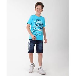 Pine Kids Cotton Knit Half Sleeves T-Shirt Lion Print - Blue Atoll