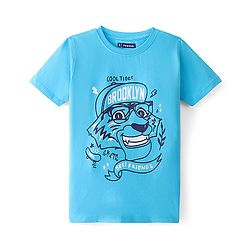 Pine Kids Cotton Knit Half Sleeves T-Shirt Lion Print - Blue Atoll