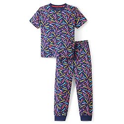 Pine Kids 100% Cotton Single Jersey Knit Half Sleeves Night Suit Shooting Star Print - Navy Blue