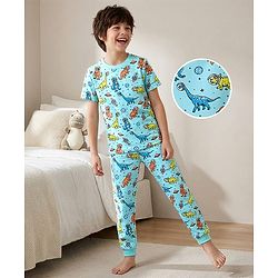 Pine Kids Cotton Knit Half Sleeves Night Suit Dino Print - Blue