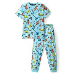 Pine Kids Cotton Knit Half Sleeves Night Suit Dino Print - Blue