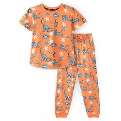 Pine Kids Single Jersey Half Sleeves Night Suit Dino & Stars Print - Orange