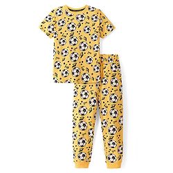 Pine Kids 100% Cotton Knit Half Sleeves Football Printed Night Suit - Yellow