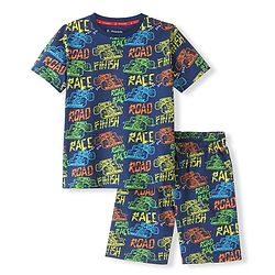 Pine Kids 100% Cotton Knit Single Jersey Half Sleeves Night Suit With Text Print - Navy Blue