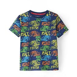Pine Kids 100% Cotton Knit Single Jersey Half Sleeves Night Suit With Text Print - Navy Blue