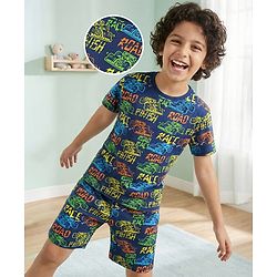 Pine Kids 100% Cotton Knit Single Jersey Half Sleeves Night Suit With Text Print - Navy Blue