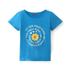 Pine Kids 100% Cotton Knit Half Sleeves T-Shirts Text & Flower Print - Blue