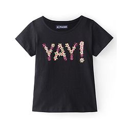 Pine Kids 100% Cotton Half Sleeves Text with Floral Print T-Shirt - Black