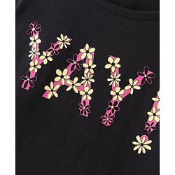 Pine Kids 100% Cotton Half Sleeves Text with Floral Print T-Shirt - Black