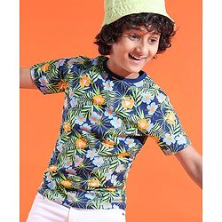 Pine Kids 100% Cotton Knit Half Sleeves T-Shirt Floral Print - Multicolour