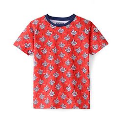 Pine Kids 100% Cotton Knit Half Sleeves T-Shirt Leafy Print - Red