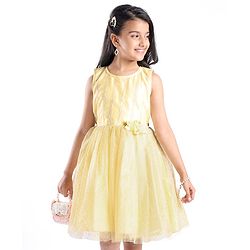 Pine Kids Woven Sleeveless Sequinned Party Frock with Floral Applique - Yellow