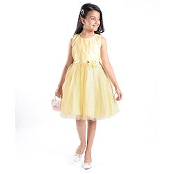 Pine Kids Woven Sleeveless Sequinned Party Frock with Floral Applique - Yellow