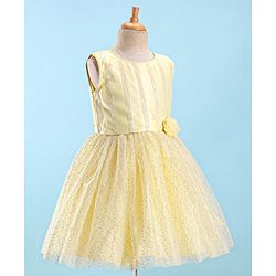 Pine Kids Woven Sleeveless Sequinned Party Frock with Floral Applique - Yellow