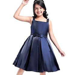 Pine Kids Woven Sleevless Frock With Pleats & Bow - Navy Blue