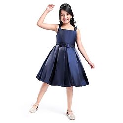 Pine Kids Woven Sleevless Frock With Pleats & Bow - Navy Blue