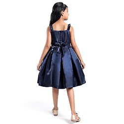 Pine Kids Woven Sleevless Frock With Pleats & Bow - Navy Blue