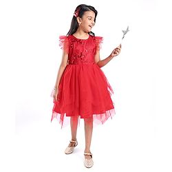 Pine Kids Woven Frill Sleeves Floral Embroidered Party Dress with Sequin Detailing - Scarlet Red
